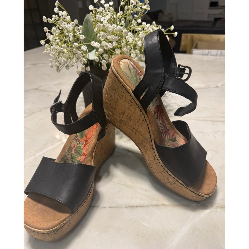 b.o.c Born Corrie  Black Cork Wedge Sandals Ankle Strap BC0035809 Womens 9M